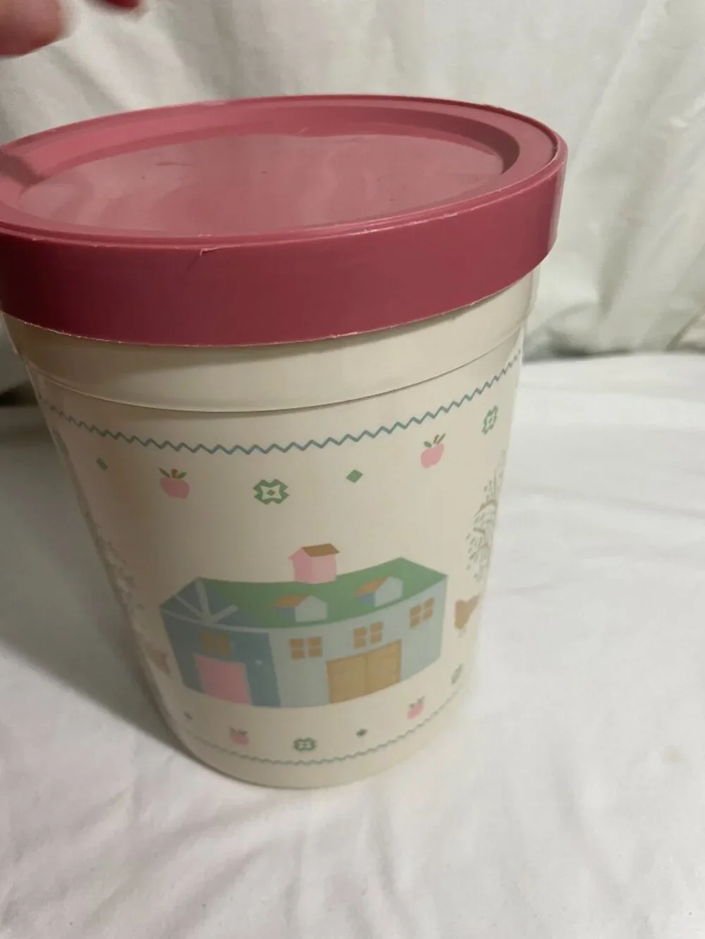 Vintage Plastic Canister Storage Container Pink Lid Farm Country Cottage Kitchen